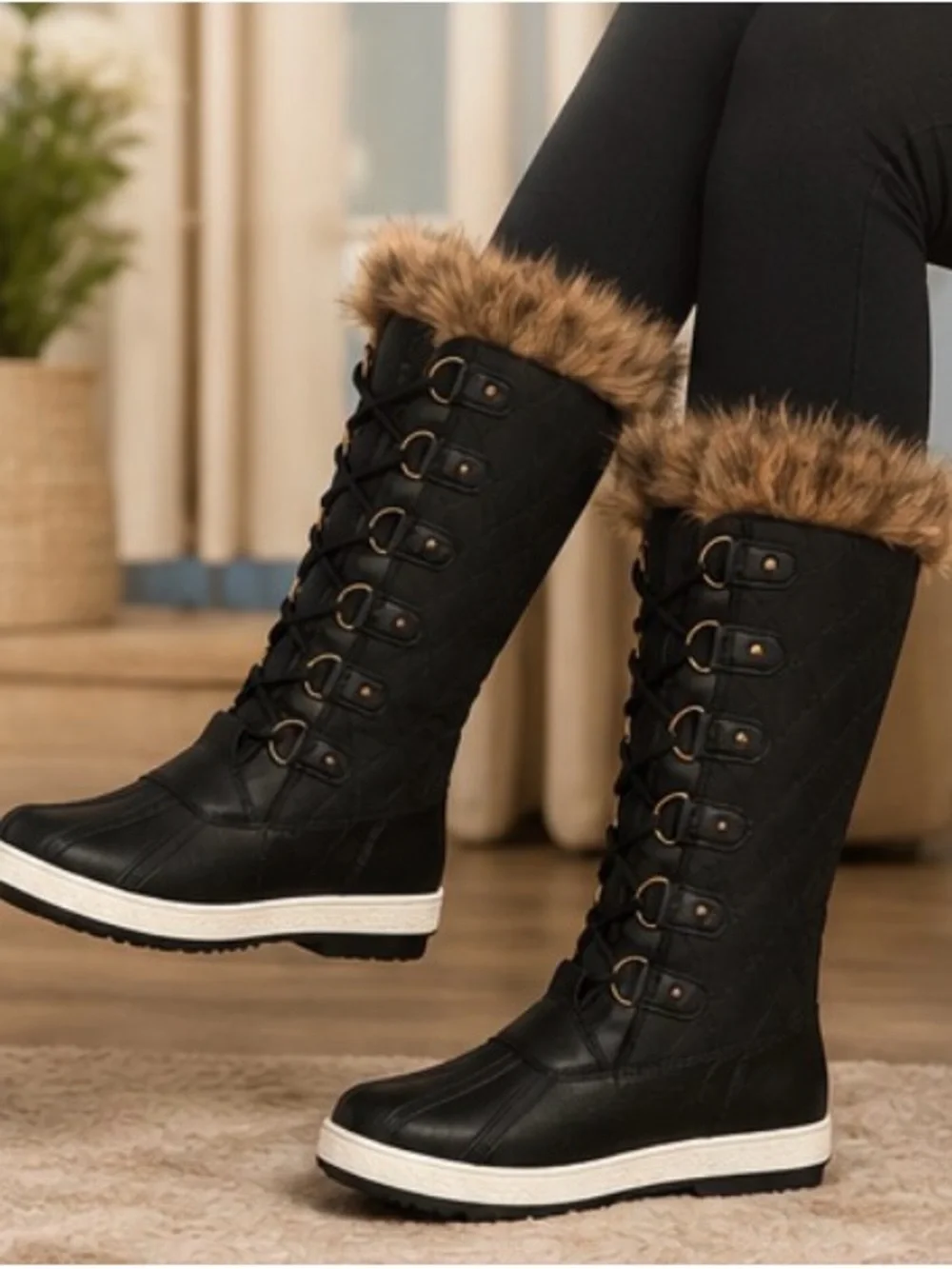 Women's Black Faux-Fur Top Lace-Up Winter Boots